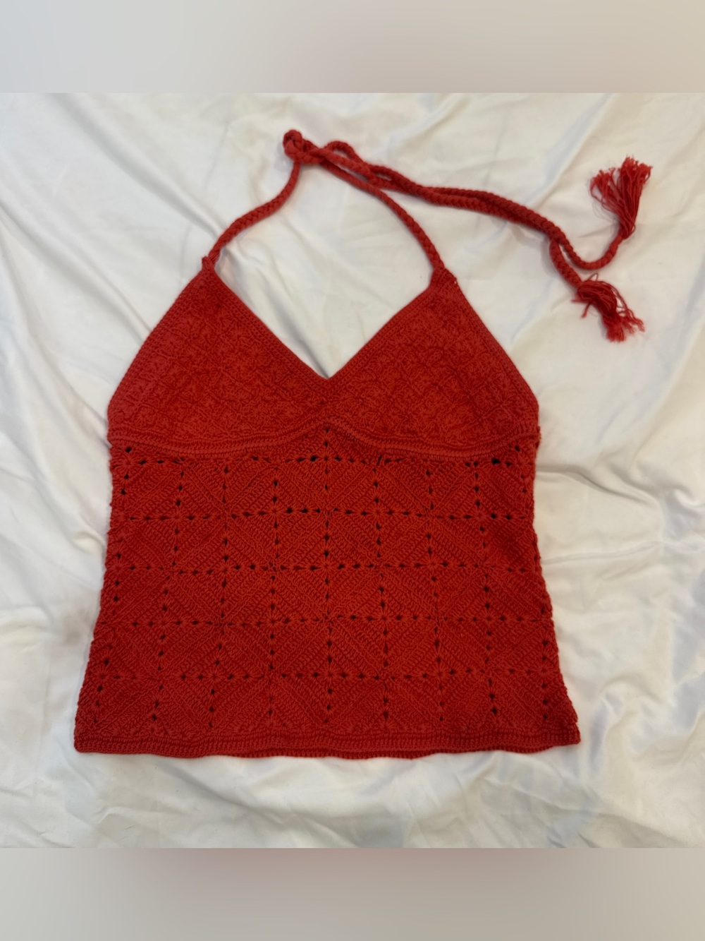 Ralph Lauren Hand Knit Red Crochet Halter Top XS Y2K Boho Festival Cotton